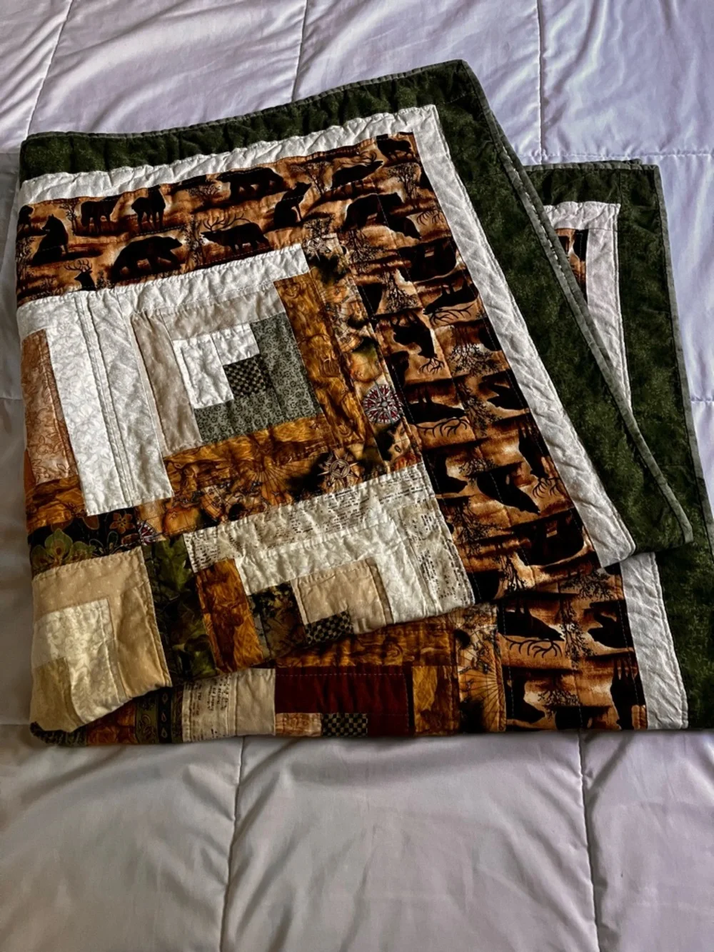 Handmade Rustic Patchwork Log Cabin Quilt Throw 45”x44”- Brown, Cream & Green